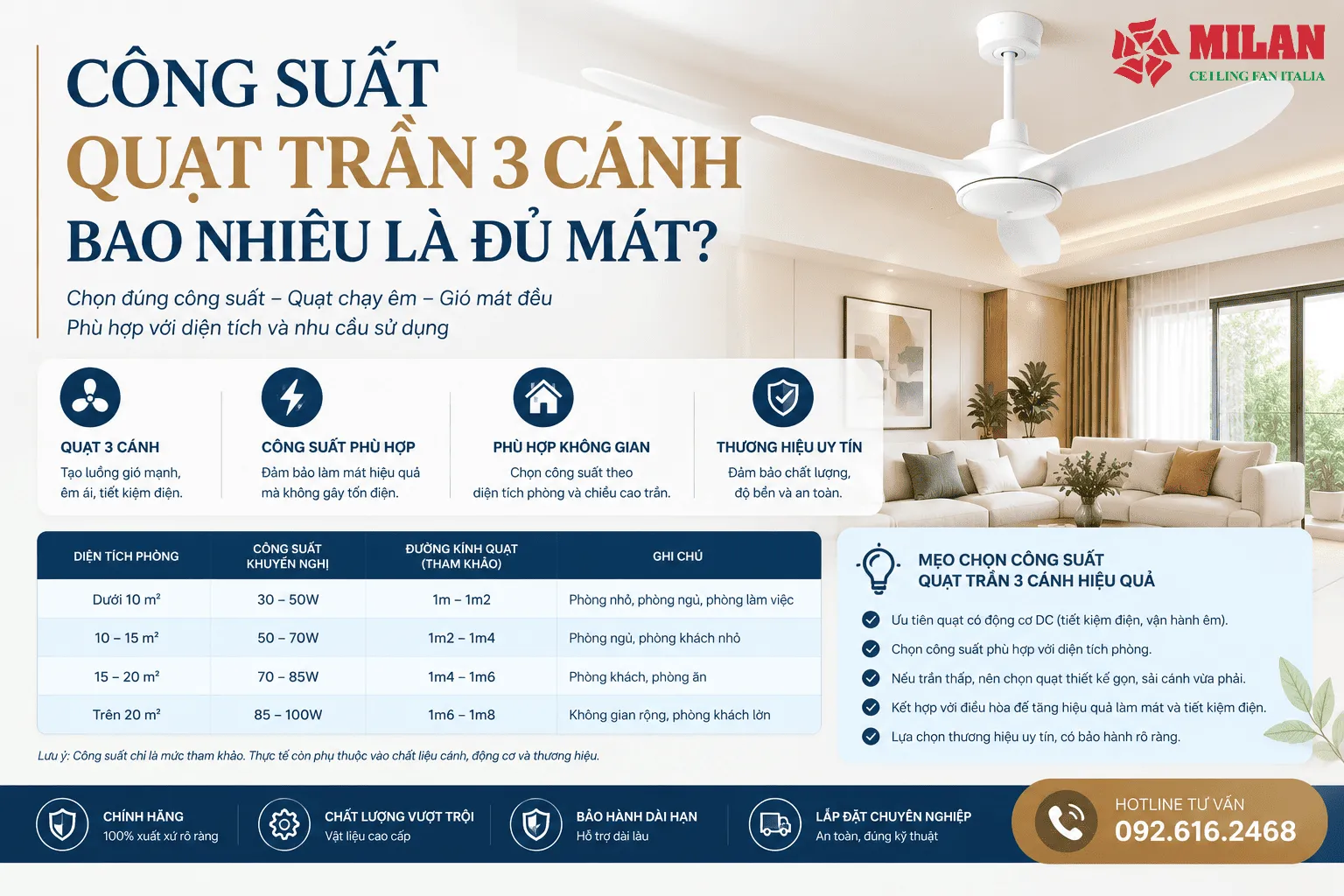 công suất quạt trần 3 cánh